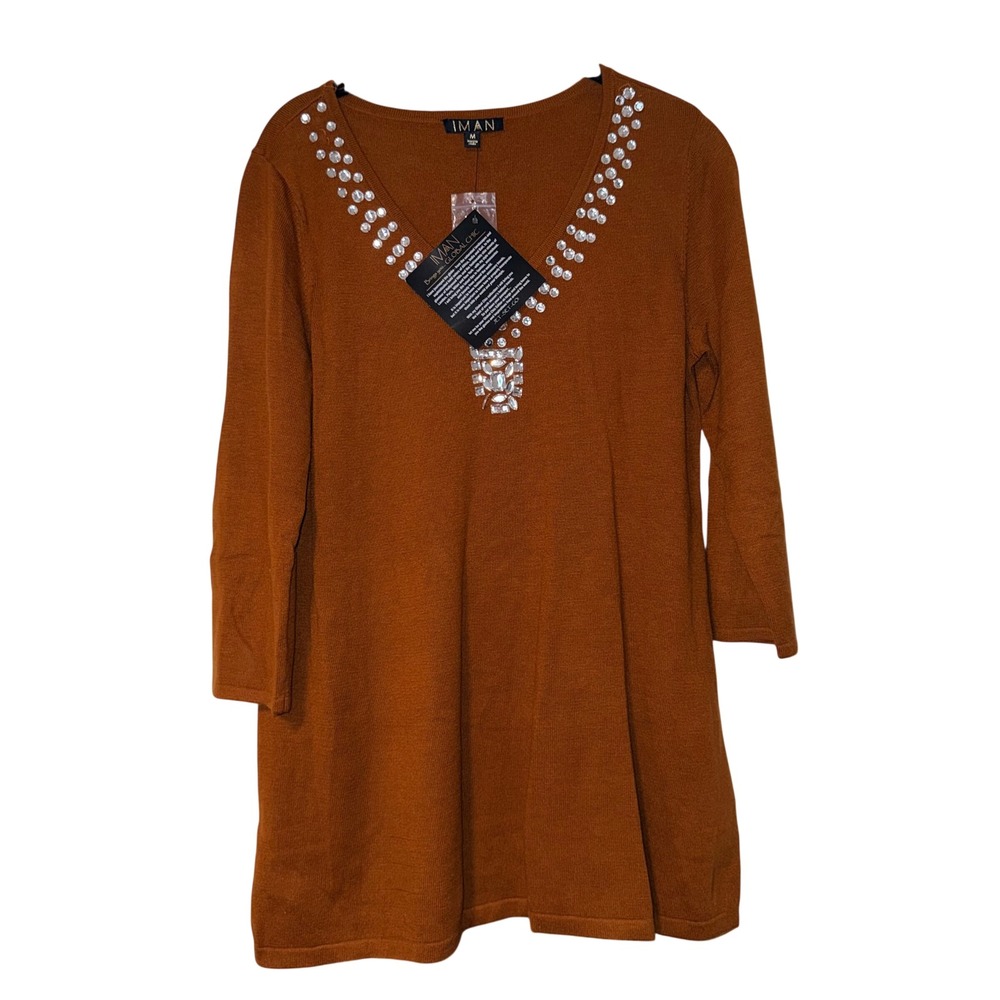 Iman Tunic Sweater Womens Medium Cognac Brown Knit Embellished V-Neck